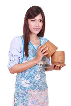 female chef with bamboo rice box isolated on white background