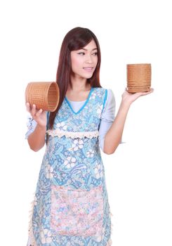 female chef with bamboo rice box isolated on white background