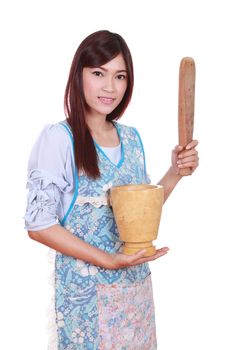 female chef with mortar and pestle isolated on white background