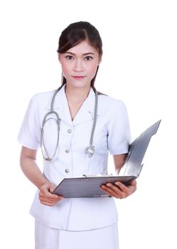 Nurse hold clipboard isolated on white background