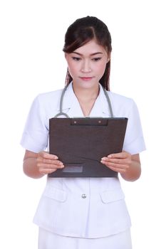 nurse reading medical report isolated on white background