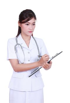 female nurse writing medical report isolated on white background