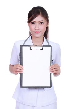 female nurse with clipboard blank fortext isolated on white background