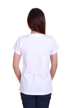 female with blank white t-shirt (back side) isolated on white background