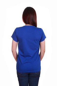 female with blank blue t-shirt (back side) isolated on white background