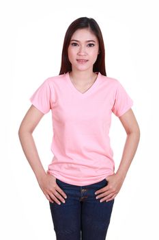 young beautiful female with blank pink t-shirt isolated on white background