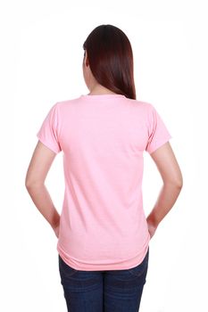 female with blank pink t-shirt (back side) isolated on white background