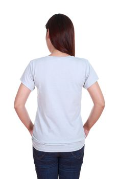 female with blank gray t-shirt (back side) isolated on white background