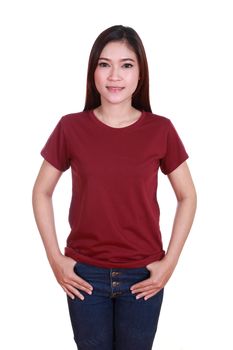 young beautiful female with blank red t-shirt isolated on white background