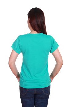 female with blank green t-shirt (back side) isolated on white background