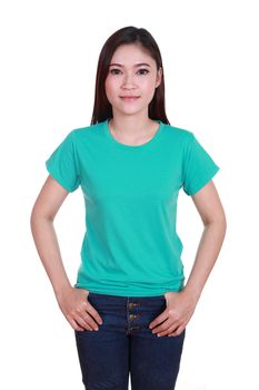young beautiful female with blank green t-shirt isolated on white background