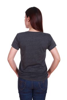 female with blank black t-shirt (back side) isolated on white background