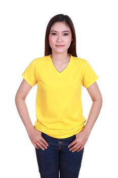 young beautiful female with blank yellow t-shirt isolated on white background
