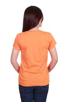 female with blank orange t-shirt (back side) isolated on white background