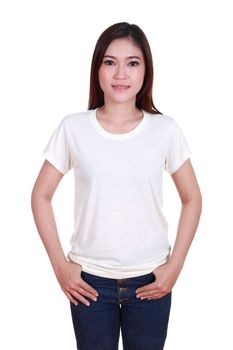 young beautiful female with blank white t-shirt isolated on white background