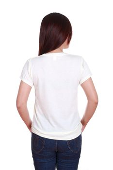 female with blank white t-shirt (back side) isolated on white background