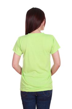 female with blank green t-shirt (back side) isolated on white background