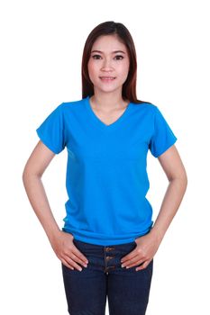 young beautiful female with blank blue t-shirt isolated on white background