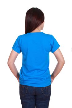 female with blank blue t-shirt (back side) isolated on white background