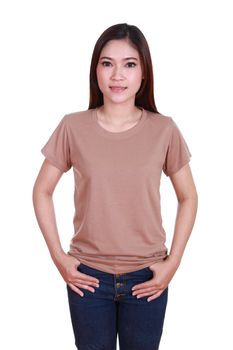 young beautiful female with blank brown t-shirt isolated on white background