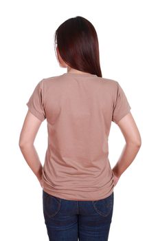 female with blank brown t-shirt (back side) isolated on white background