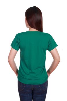 female with blank green t-shirt (back side) isolated on white background