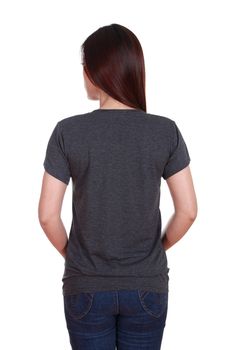 female with blank black t-shirt (back side) isolated on white background