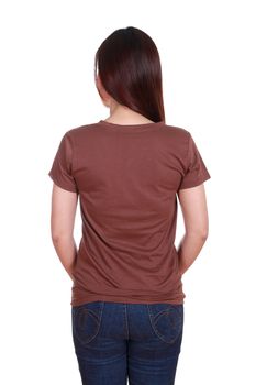 female with blank brown t-shirt (back side) isolated on white background