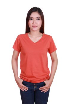 young beautiful female with blank red t-shirt isolated on white background