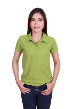 young beautiful female with blank green polo shirt isolated on white background