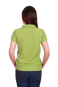 female with blank green polo shirt (back side) isolated on white background