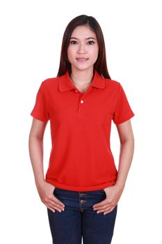 young beautiful female with blank red polo shirt isolated on white background