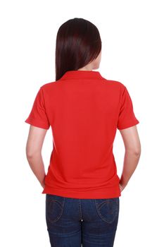 female with blank red polo shirt (back side) isolated on white background