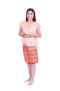 woman wearing typical thai dress isolated on white background, identity culture of thailand