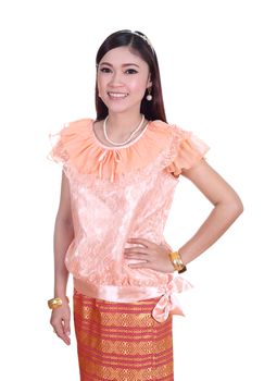 woman wearing typical thai dress isolated on white background, identity culture of thailand