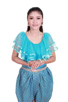 woman wearing typical thai dress isolated on white background, identity culture of thailand