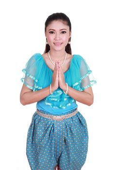 woman wearing typical thai dress pay respect isolated on white background, identity culture of thailand