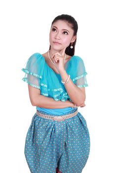 woman wearing typical thai dress thinking isolated on white background, identity culture of thailand