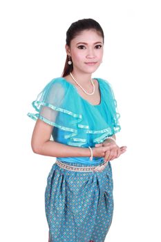 woman wearing typical thai dress isolated on white background, identity culture of thailand