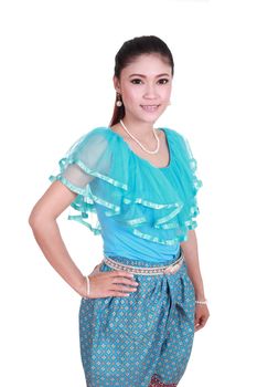 woman wearing typical thai dress isolated on white background, identity culture of thailand