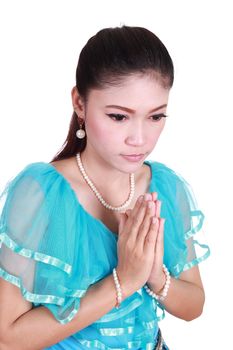 woman wearing typical thai dress pay respect isolated on white background, identity culture of thailand