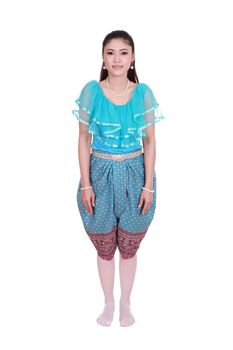 woman wearing typical thai dress isolated on white background, identity culture of thailand