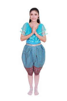 woman wearing typical thai dress pay respect isolated on white background, identity culture of thailand