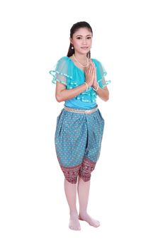 woman wearing typical thai dress pay respect isolated on white background, identity culture of thailand