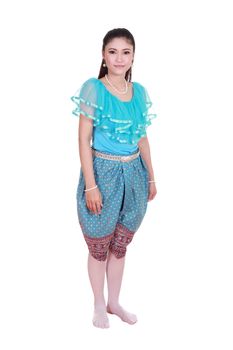 woman wearing typical thai dress isolated on white background, identity culture of thailand