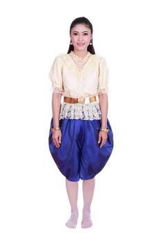 woman wearing typical thai dress isolated on white background, identity culture of thailand