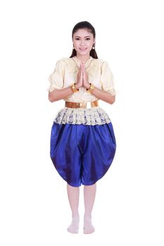 woman wearing typical thai dress pay respect isolated on white background, identity culture of thailand