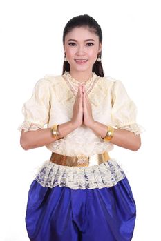 woman wearing typical thai dress pay respect isolated on white background, identity culture of thailand