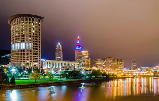 Cleveland downtown at twilight blue hour.