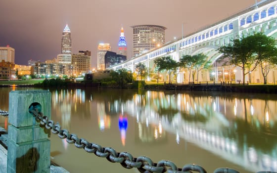 Cleveland downtown at twilight blue hour.